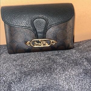 Coach Black and Gold Leather Wallet with Textured Finish